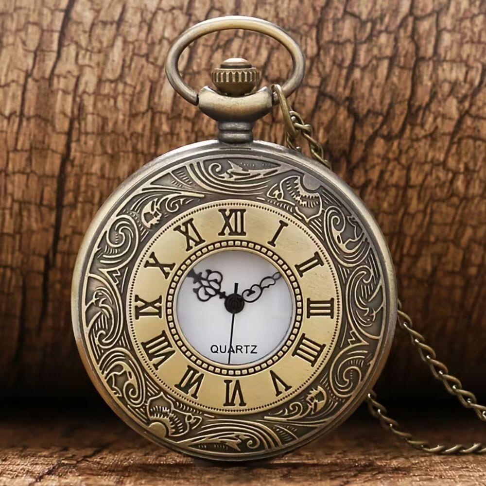 Vtg Style Gold Quartz Pocket Watch Necklace Open Face Roman Numerl Retro Pendant